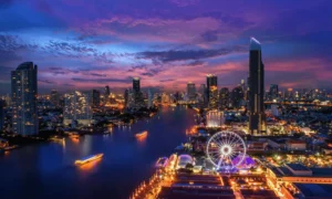 Deslumbrante paisaje urbano de Bangkok al caer la noche